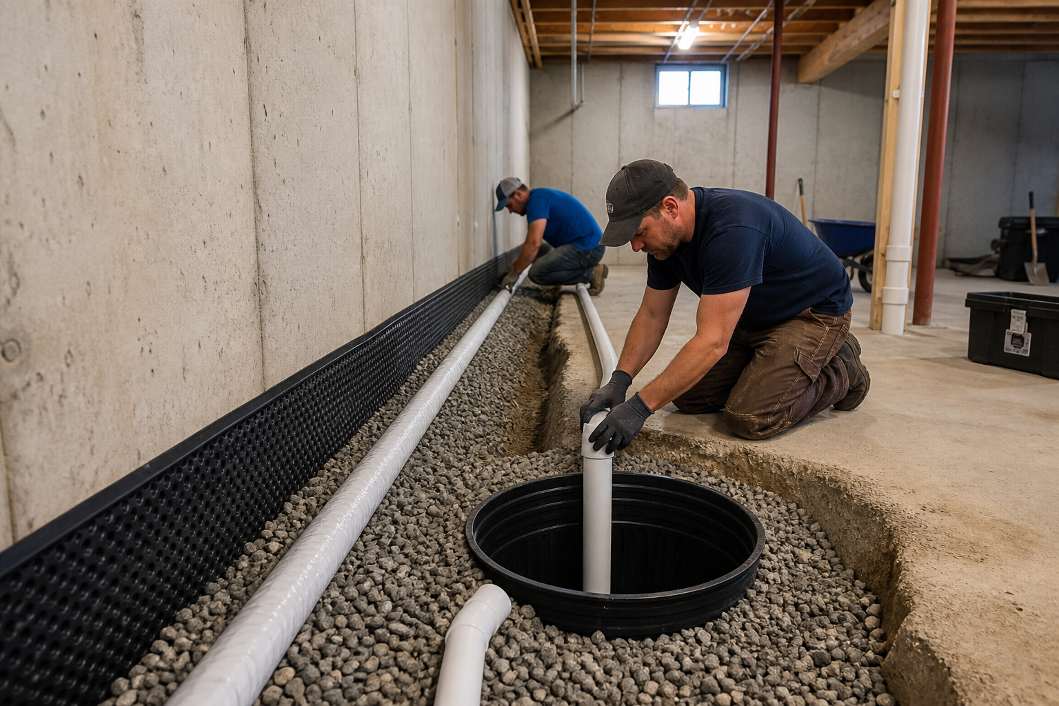 Interior French drain and sump basin being installed in a residential basement