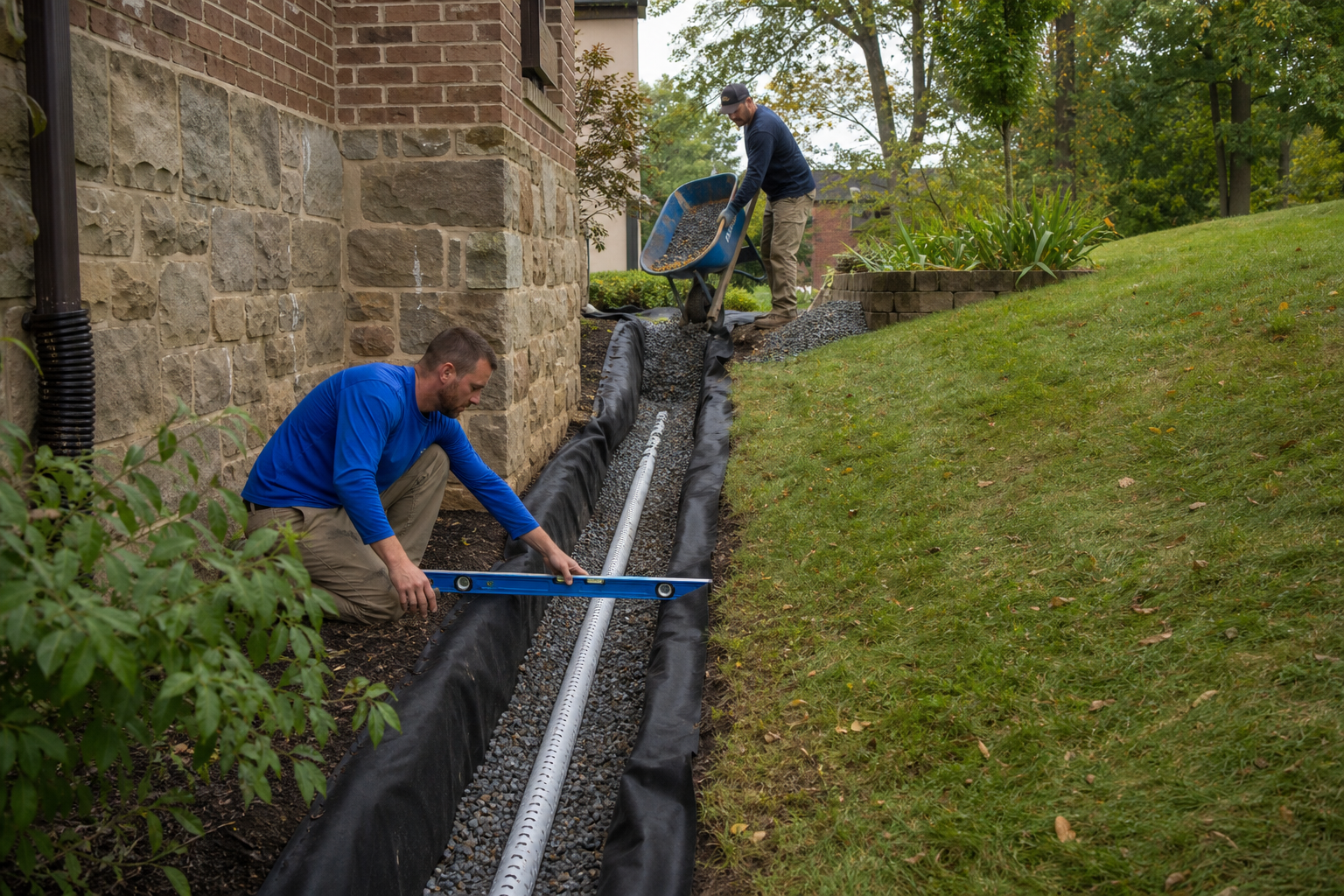 Professional exterior French drain installation with gravel and drainage pipe