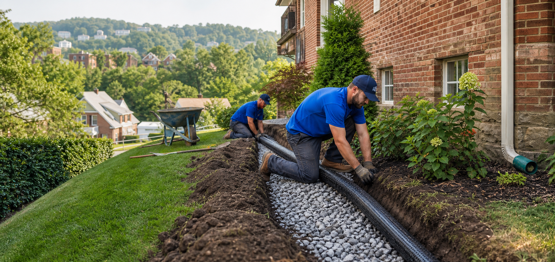 Drainage professionals installing a French drain beside a Pittsburgh brick home